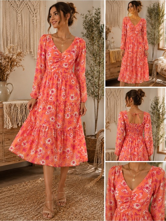 Sincerly Jules Dresses & Skirts - Sincerely Jules Cottagecore  Coral Pink Floral V-Neck Tiered Midi Dress